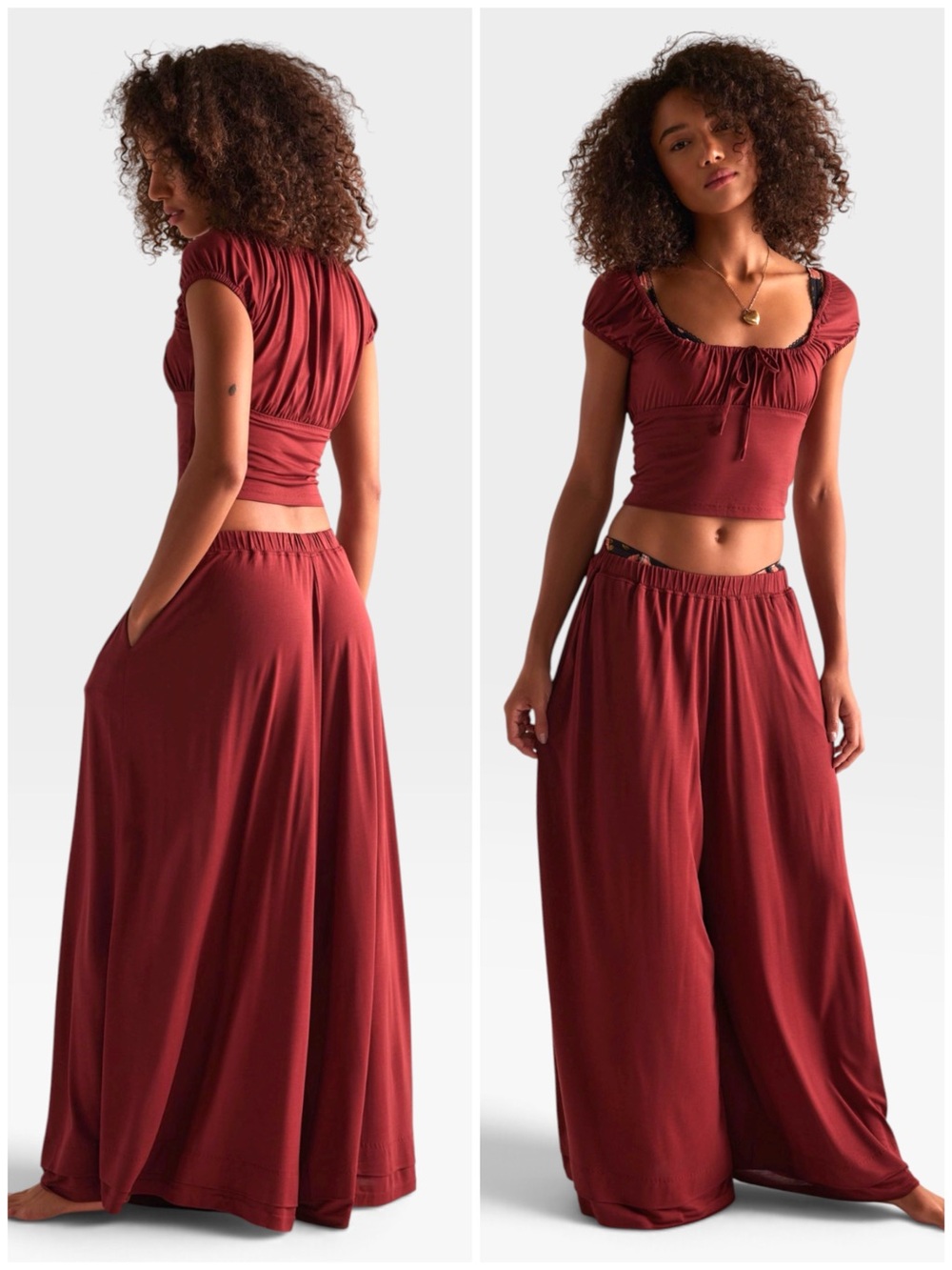 NWT Free People Modal Muse Wide-Leg Lounge Pants + Top Set in Merlot